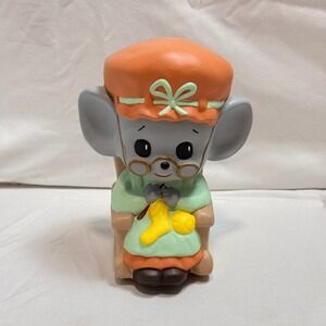 Vintage Grandmother Mouse Rocking Chair Knitting Ceramic Coin Bank Taiwan 8 Inch